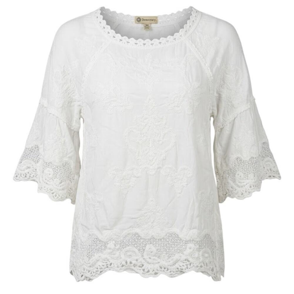 Democracy Eyelet Lace Embroidered Bell Sleeve Blouse White XS